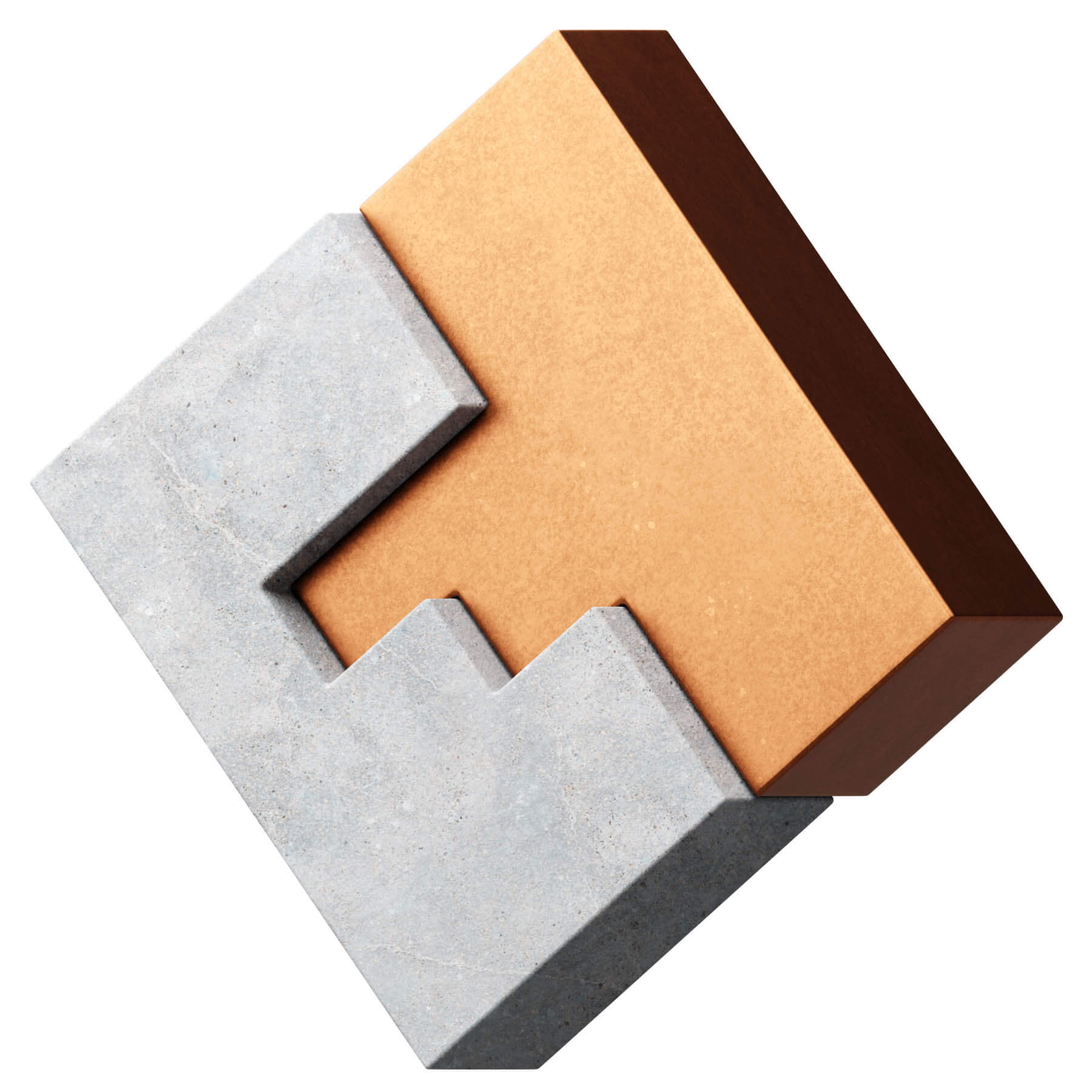 A solid concrete block with a metal component placed above, emphasizing the blend of industrial elements in light colors