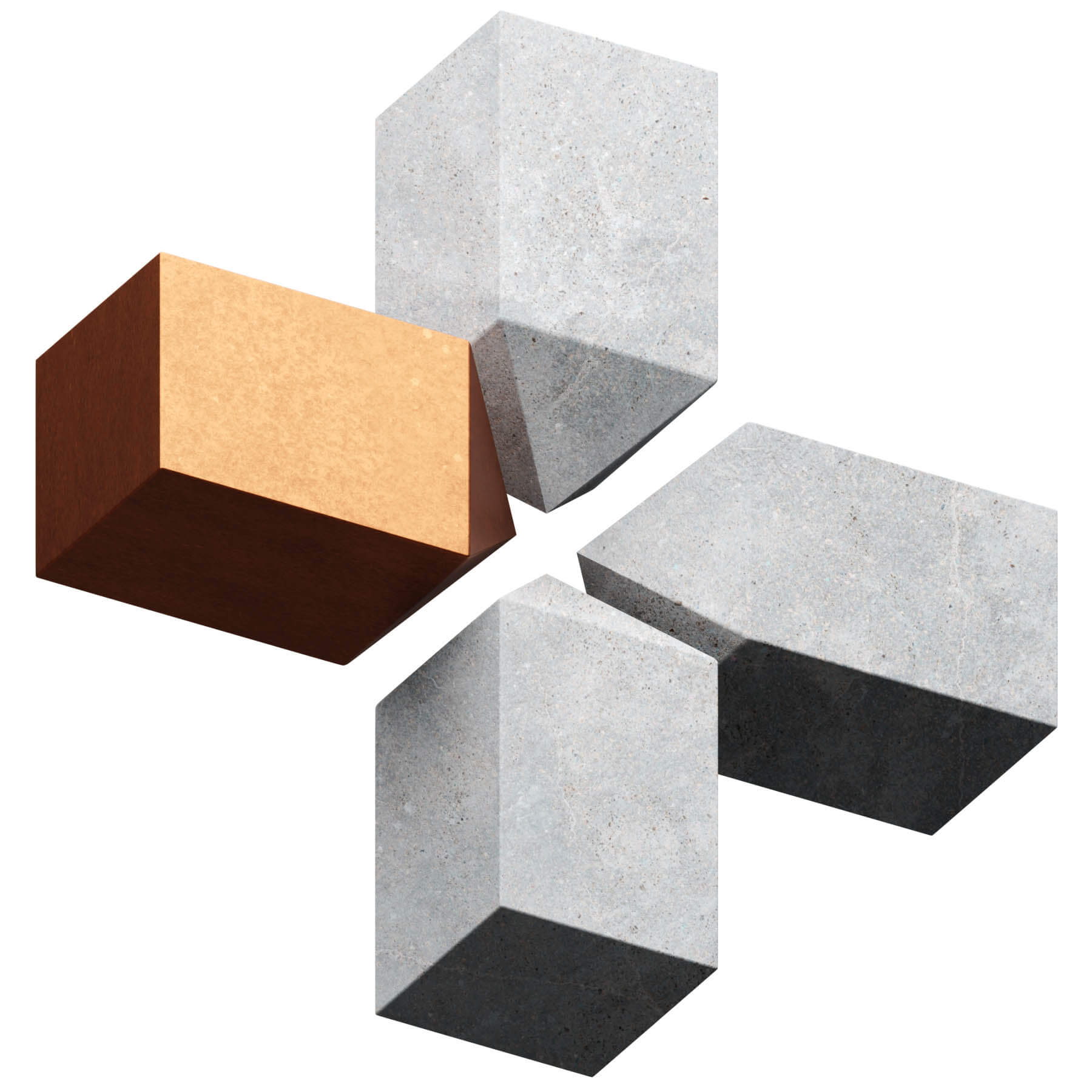 A trio of cubes, two dark gray and one brown, displayed together, highlighting their distinct colors and forms